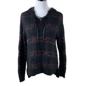 Rock & Republic Womens SZ M Black/Red Plaid Eyelash Hooded Sweater